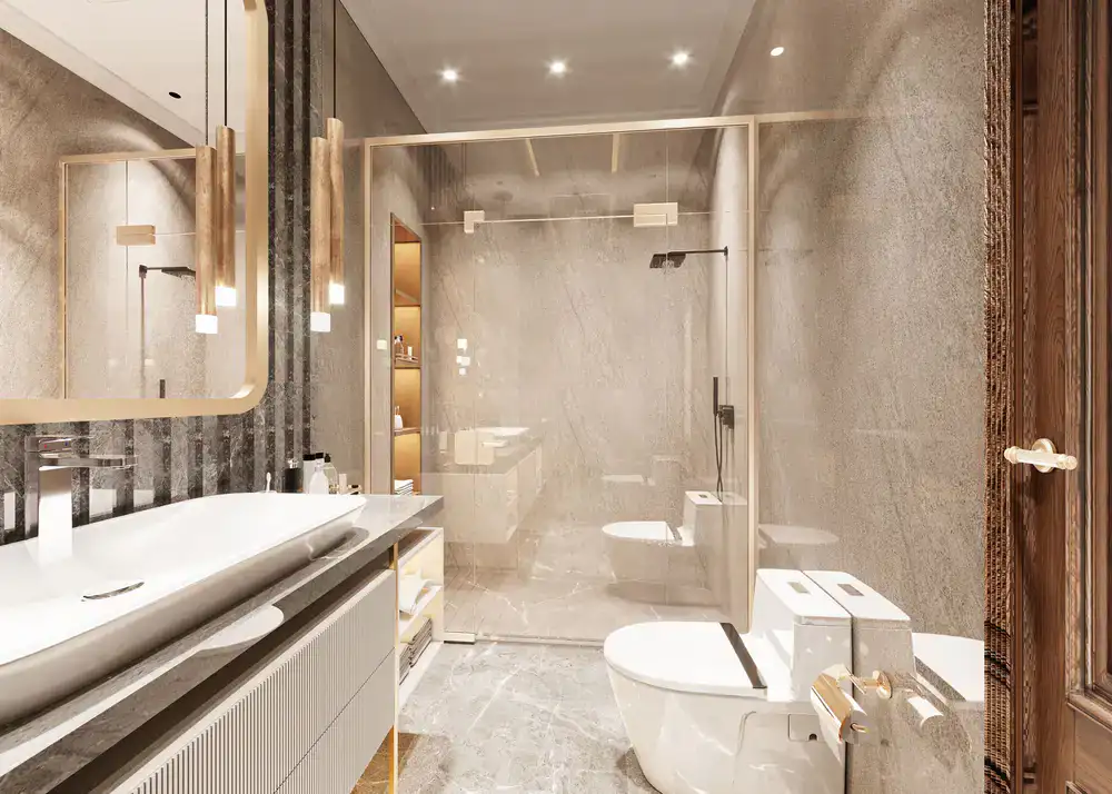 Modern bathroom suite with sleek vanity and warm lighting