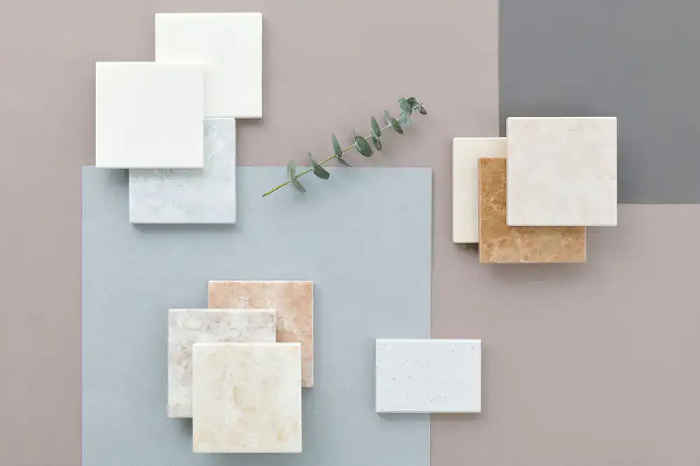 Close-up of premium textured stone tiles in a showroom display