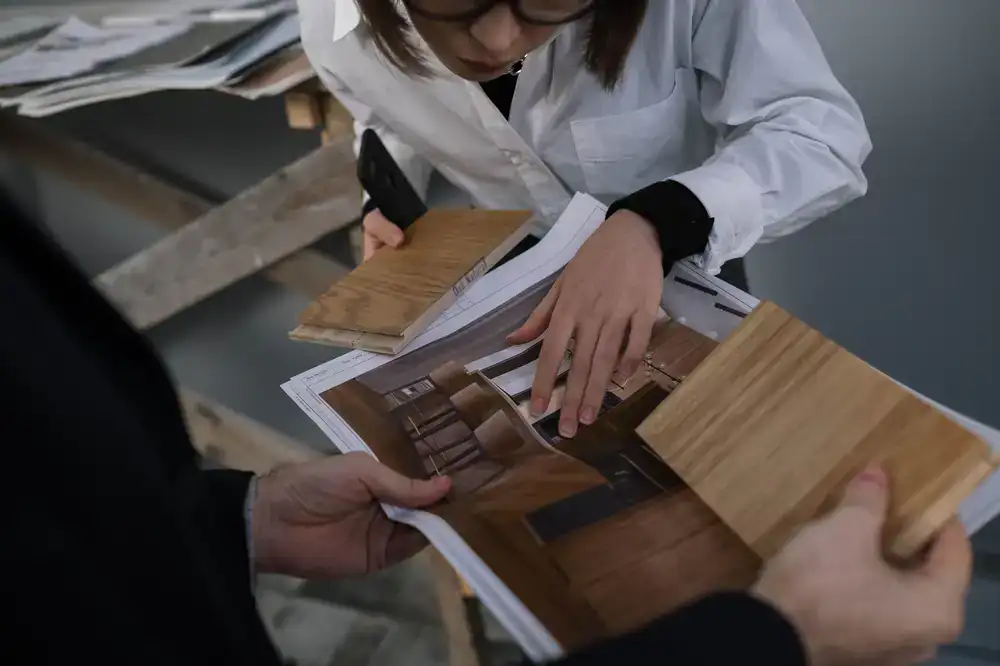 Detailed technical documents and material swatches