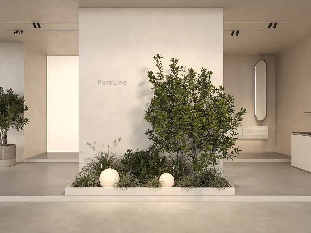 A photorealistic render of a contemporary bathroom space