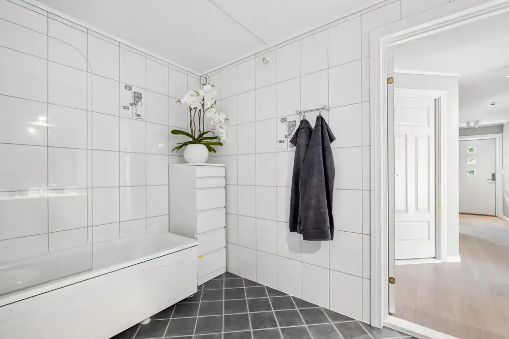 Crisp modern bathroom interior showcasing slate tiles